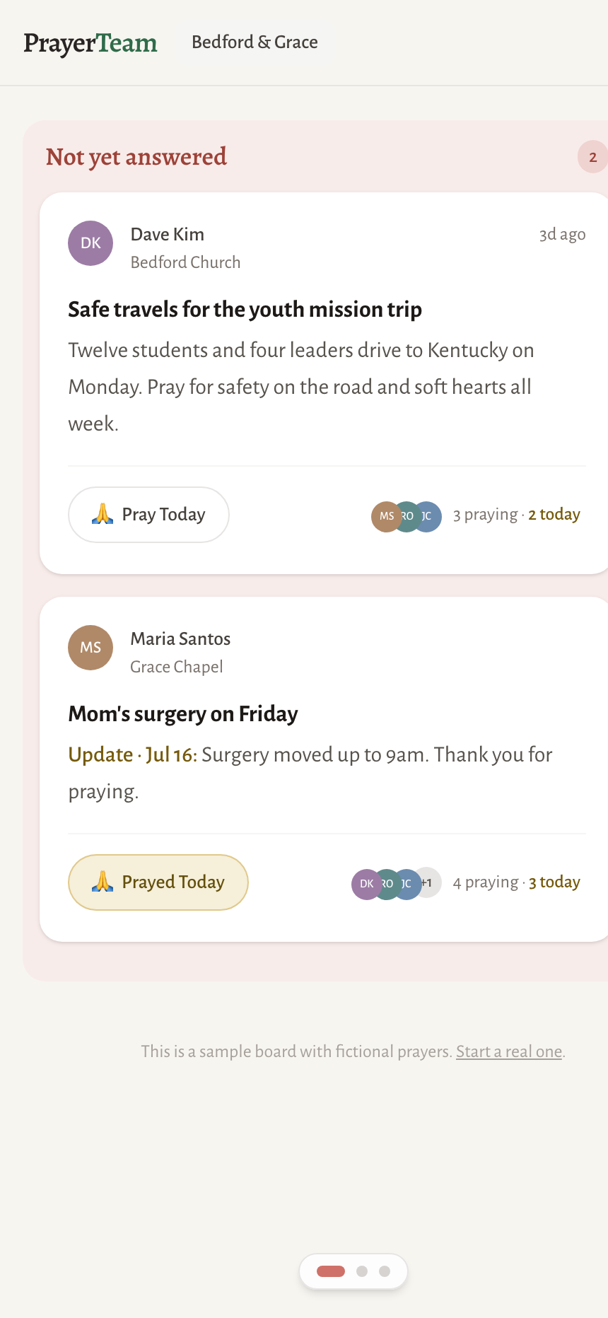 The PrayerTeam board on a phone