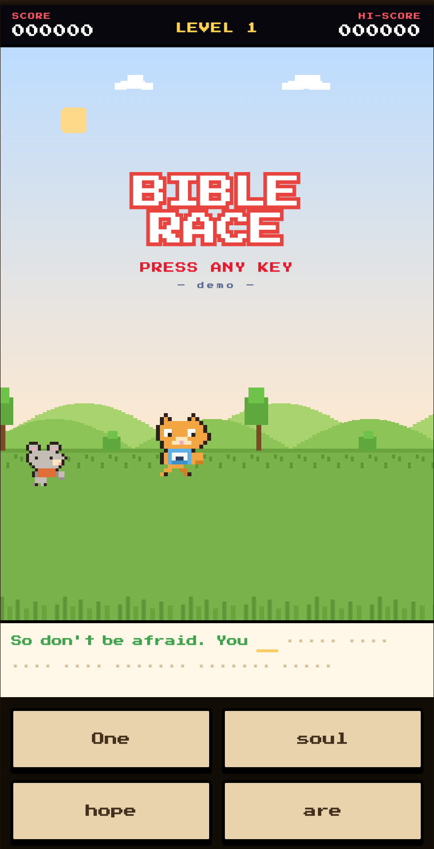Bible Race title screen with a memory verse in play