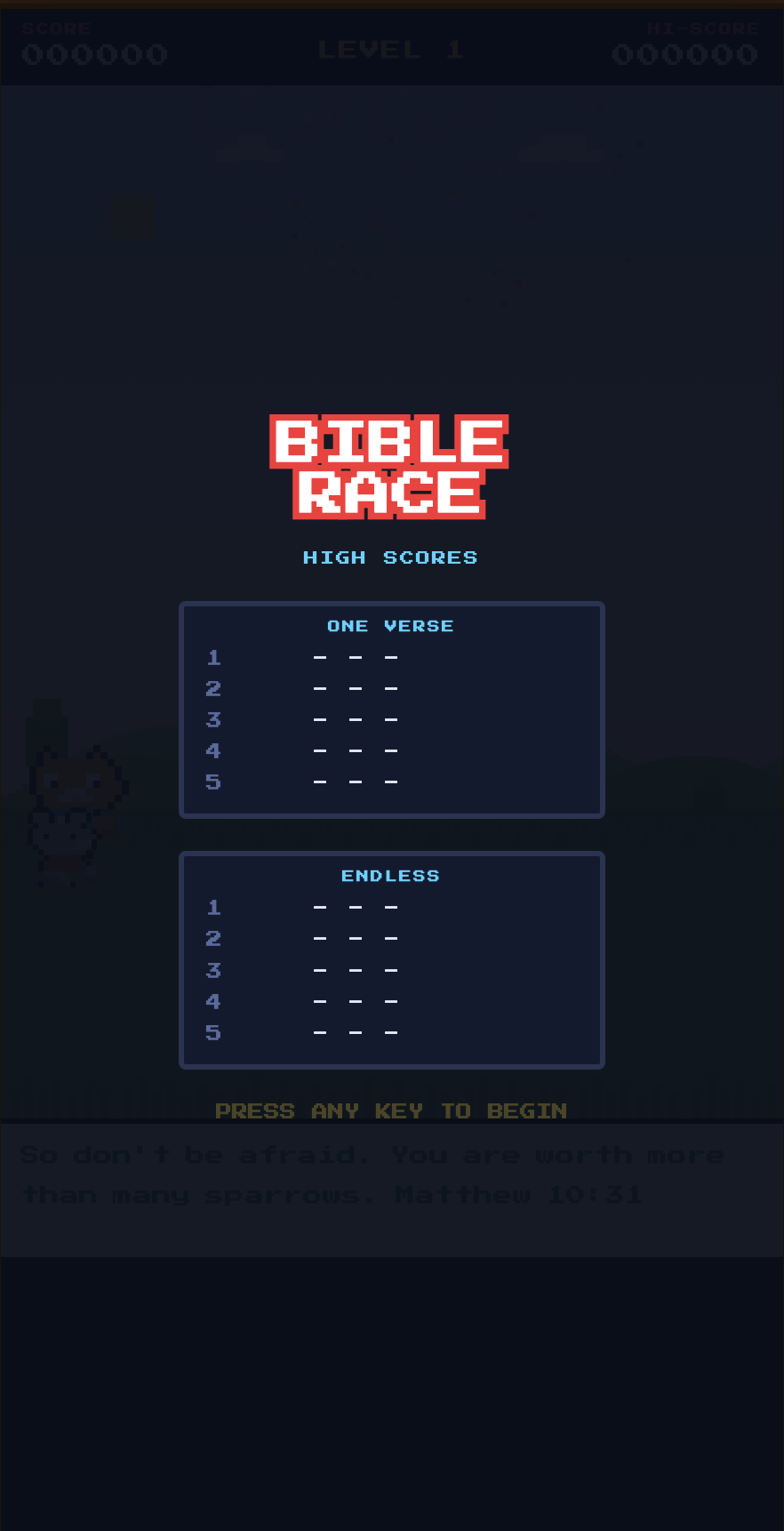 Bible Race high scores screen